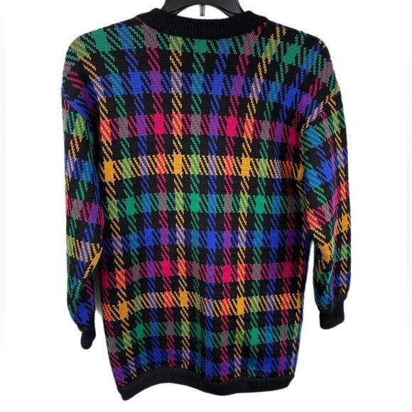 Vintage 100% Lambswool Plaid Cardigan Sweater Small Black Multicolor V-Neck - Picture 2 of 13